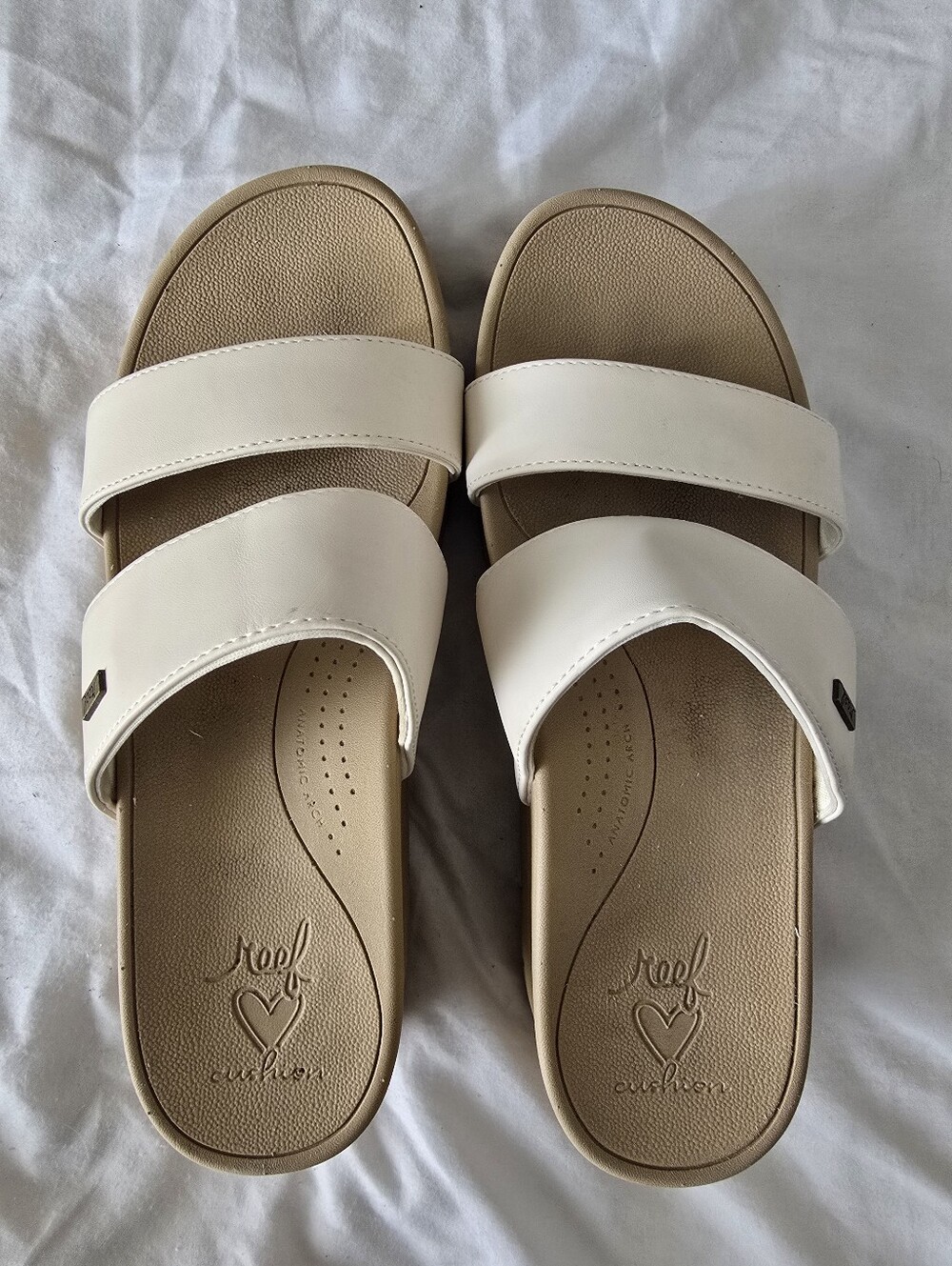 Reef Women's White and Tan Double-Strap Slide Sandals